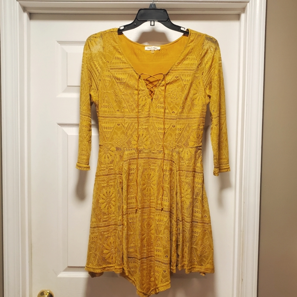 Mustard Yellow Crochet Boho Style Lace Up Front Dress